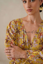 Yellow Floral Cotton Dress | Long Sleeve V-Neck Midi Dress