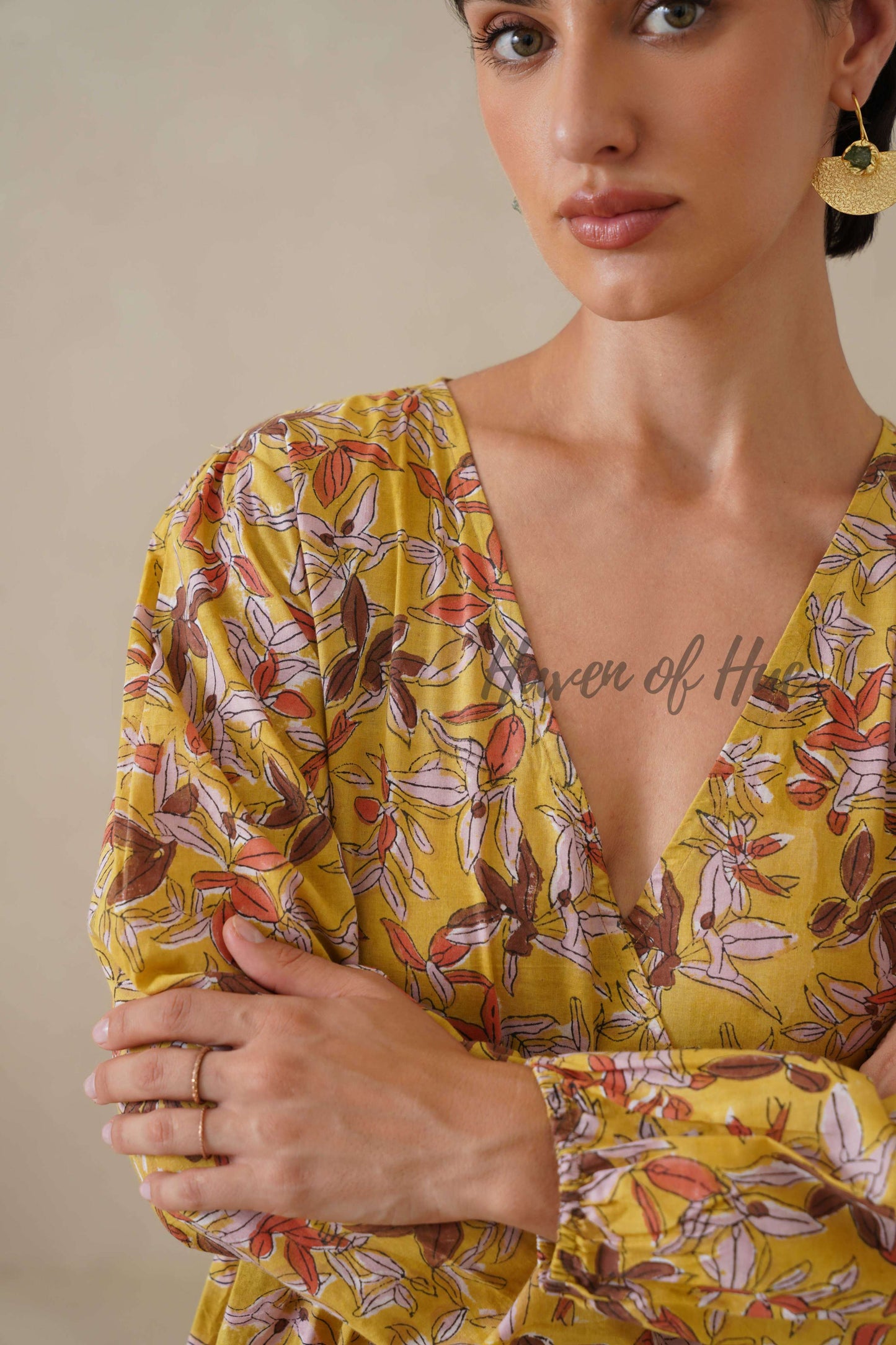 Yellow Floral Cotton Dress | Long Sleeve V-Neck Midi Dress