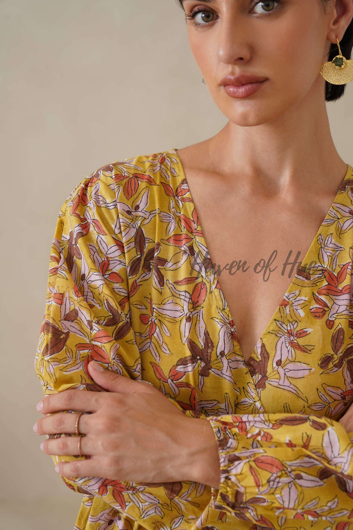 Yellow Floral Cotton Dress | Long Sleeve V-Neck Midi Dress