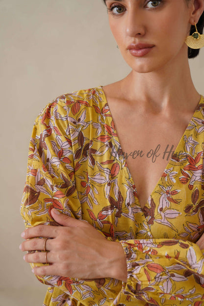 Yellow Floral Cotton Dress | Long Sleeve V-Neck Midi Dress