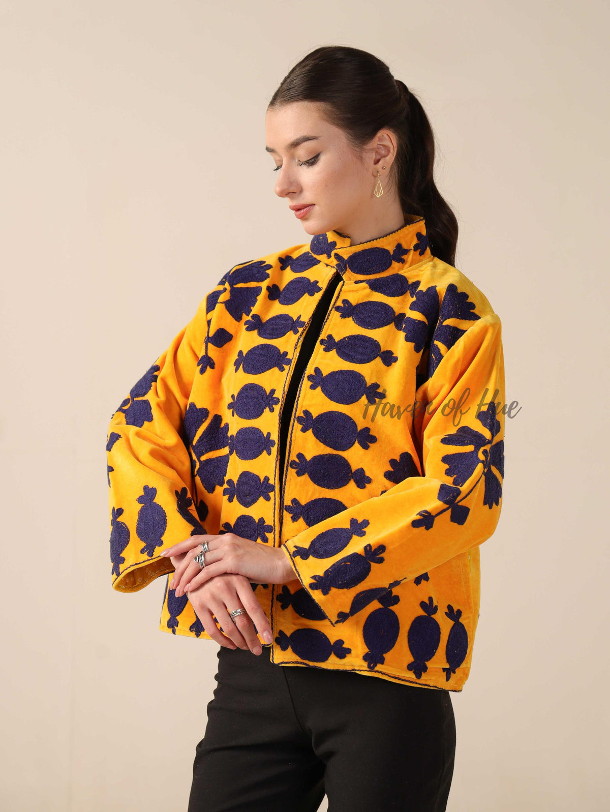 Women's Yellow Suzani Velvet Jacket Purple Pomegranate Embroidered Boho Coat
