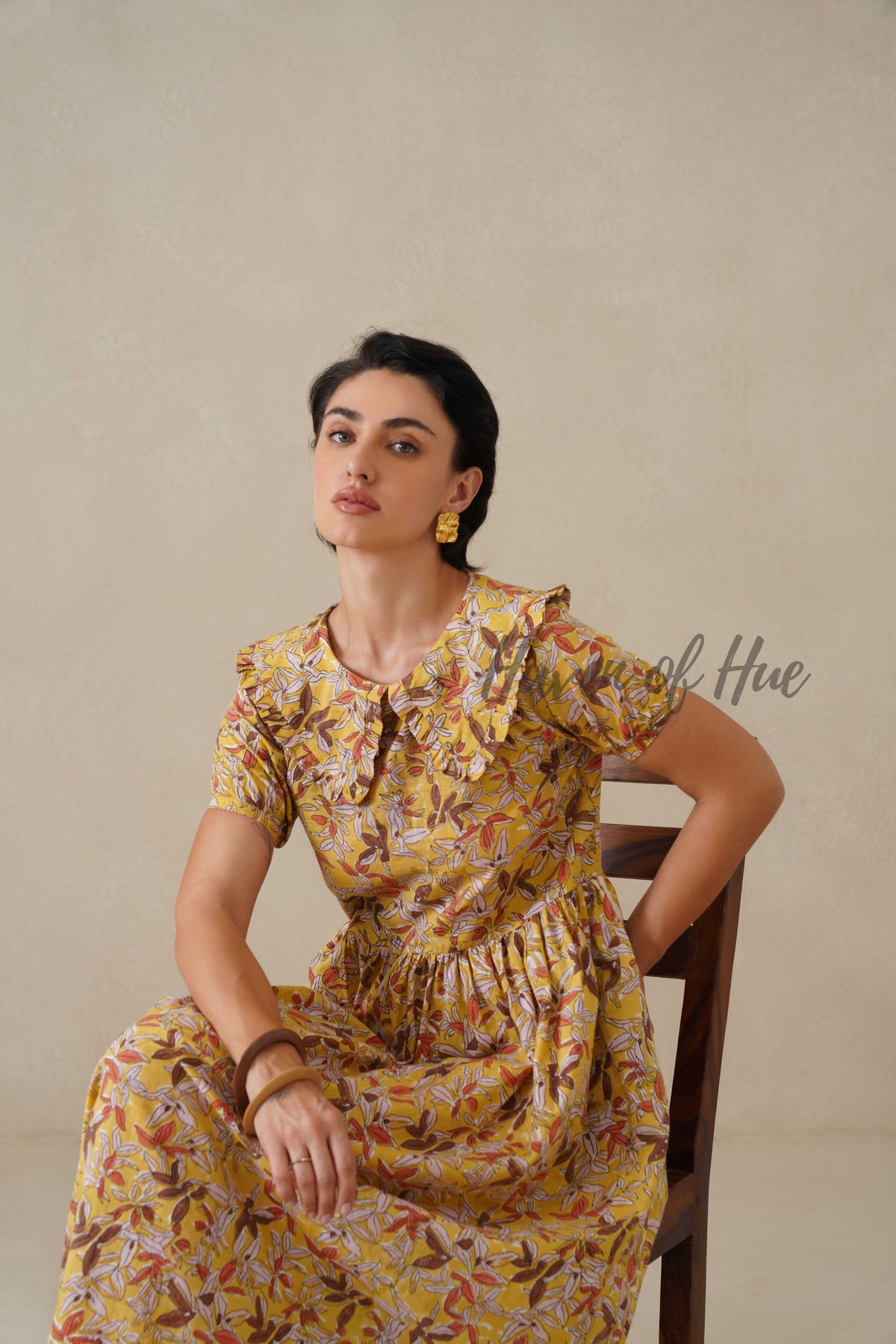 Yellow Floral Cotton Dress | Vintage Ruffle Collar Midi Dress | Boho Summer Short Sleeve Relaxed Fit Smock Dress