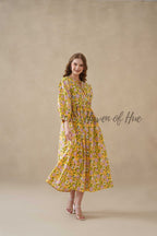 Yellow Cotton Tiered Dress Boho Floral Midi Style
