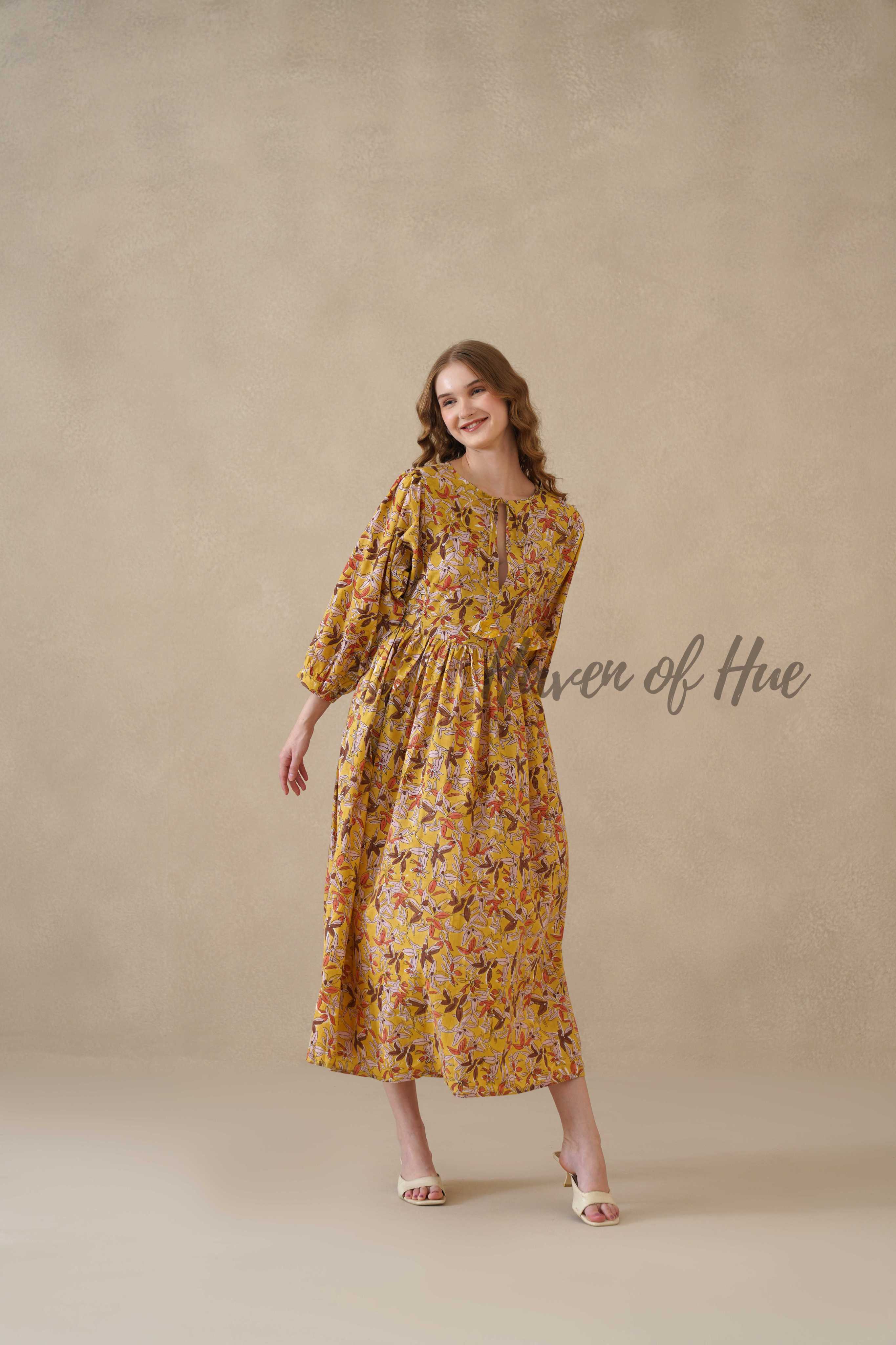 Yellow Floral Cotton Midi Dress with Long Sleeves