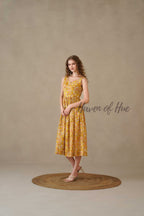 Yellow Floral Midi Dress Hand Block Print Cotton