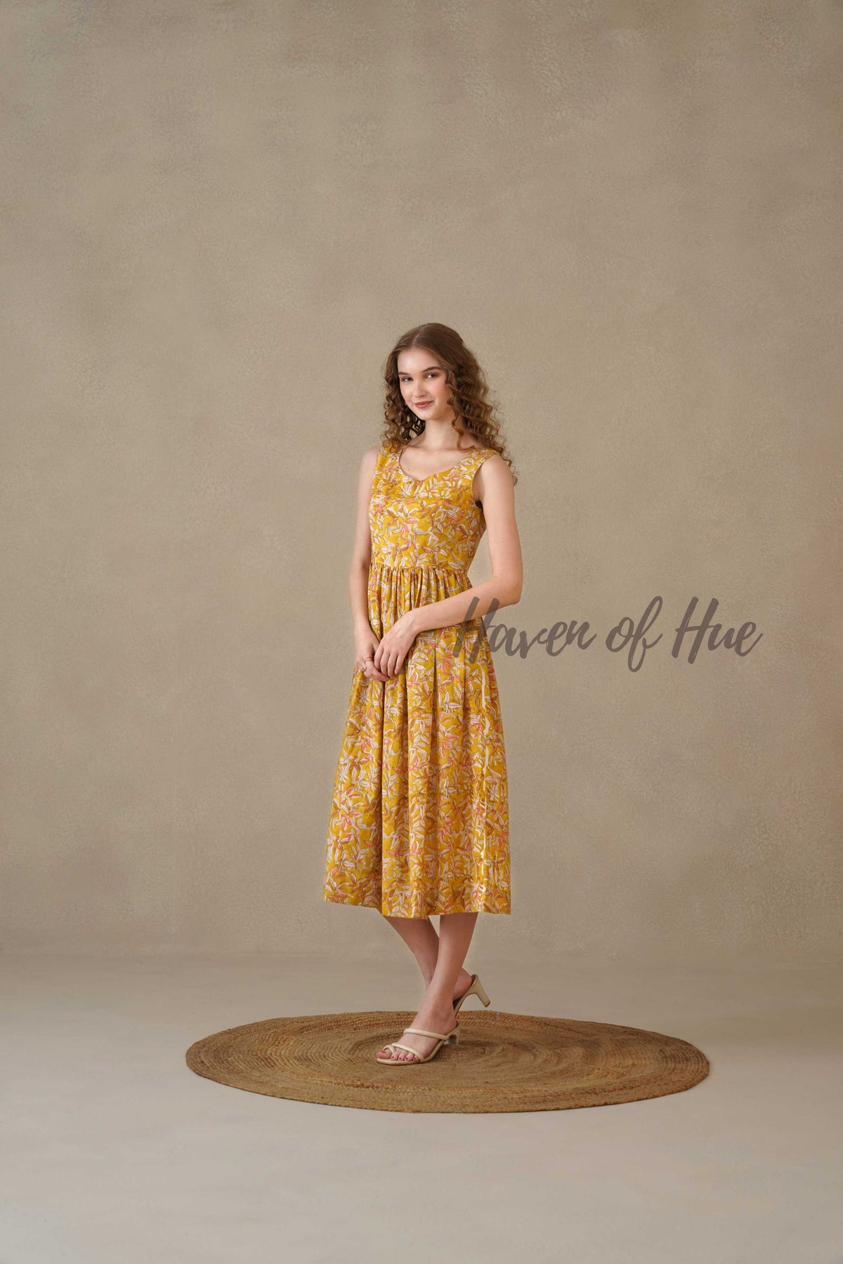 Yellow Floral Midi Dress Hand Block Print Cotton