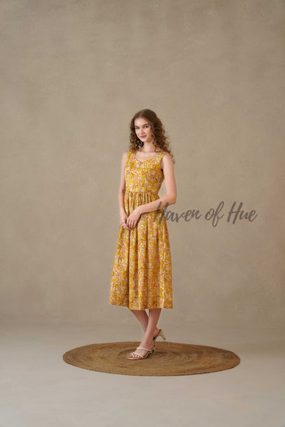 Yellow Floral Midi Dress Hand Block Print Cotton