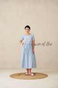 Navy Blue Floral Cotton Midi Dress - Indigo Boho Cottagecore Dress