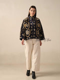 Navy Blue Suzani Velvet Jacket Gold Embroidered Boho Floral Statement Coat