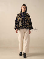 Navy Blue Suzani Velvet Jacket Gold Embroidered Boho Floral Statement Coat