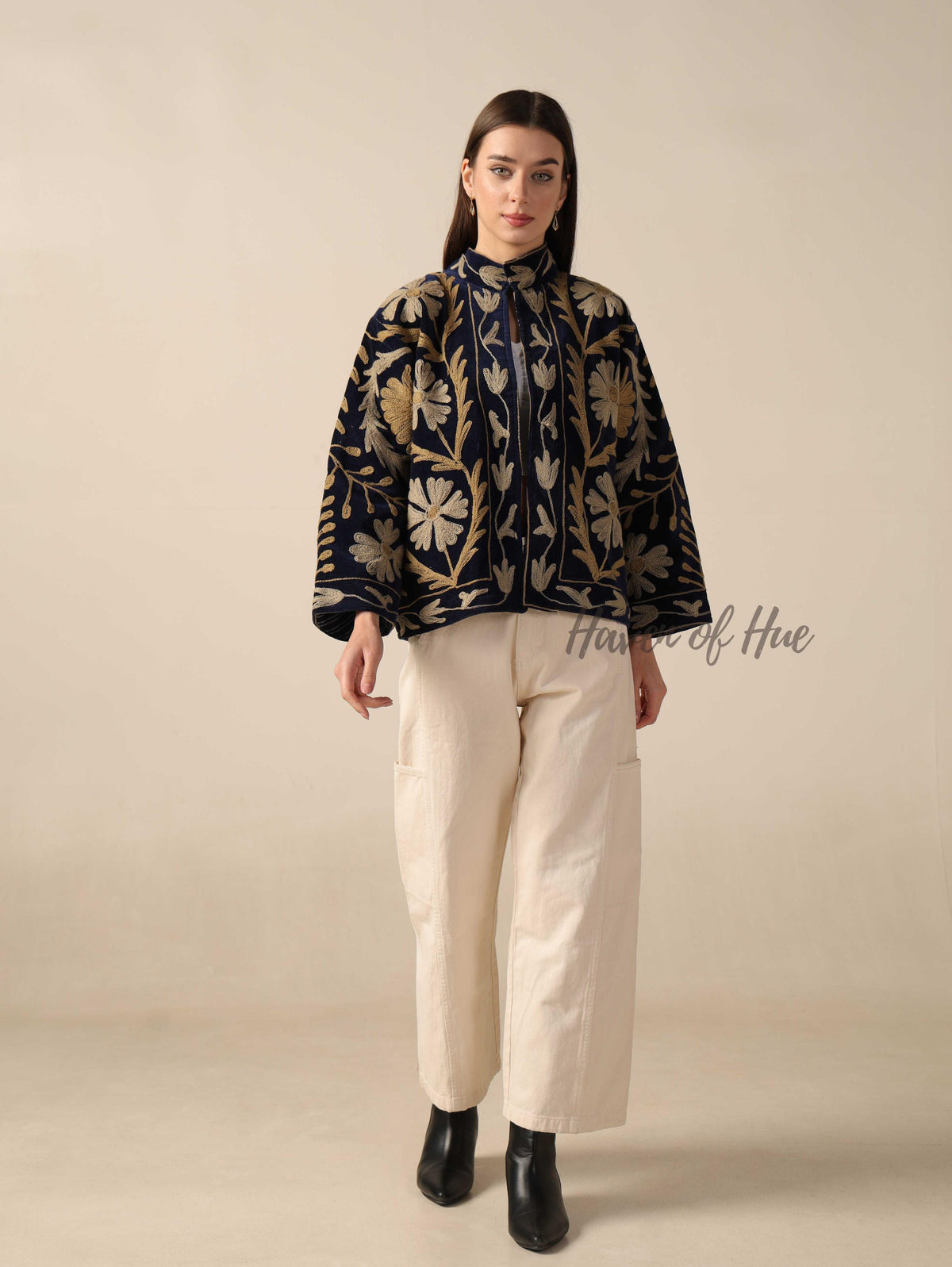 Navy Blue Suzani Velvet Jacket Gold Embroidered Boho Floral Statement Coat