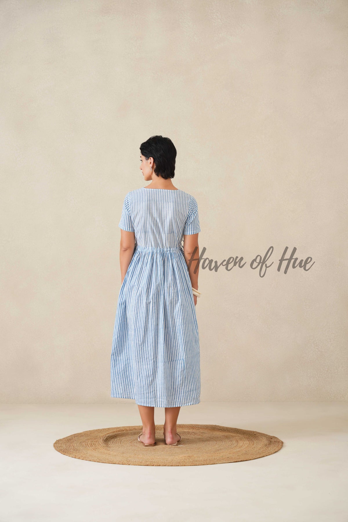 Navy Blue Floral Cotton Midi Dress - Indigo Boho Cottagecore Dress