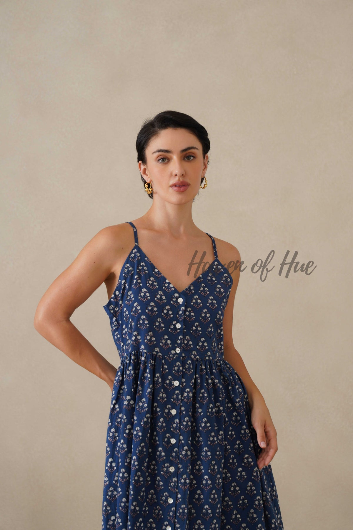 Navy Floral Cotton Dress | Sleeveless Button Down Midi Dress
