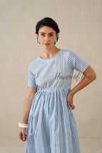 Navy Blue Floral Cotton Midi Dress - Indigo Boho Cottagecore Dress