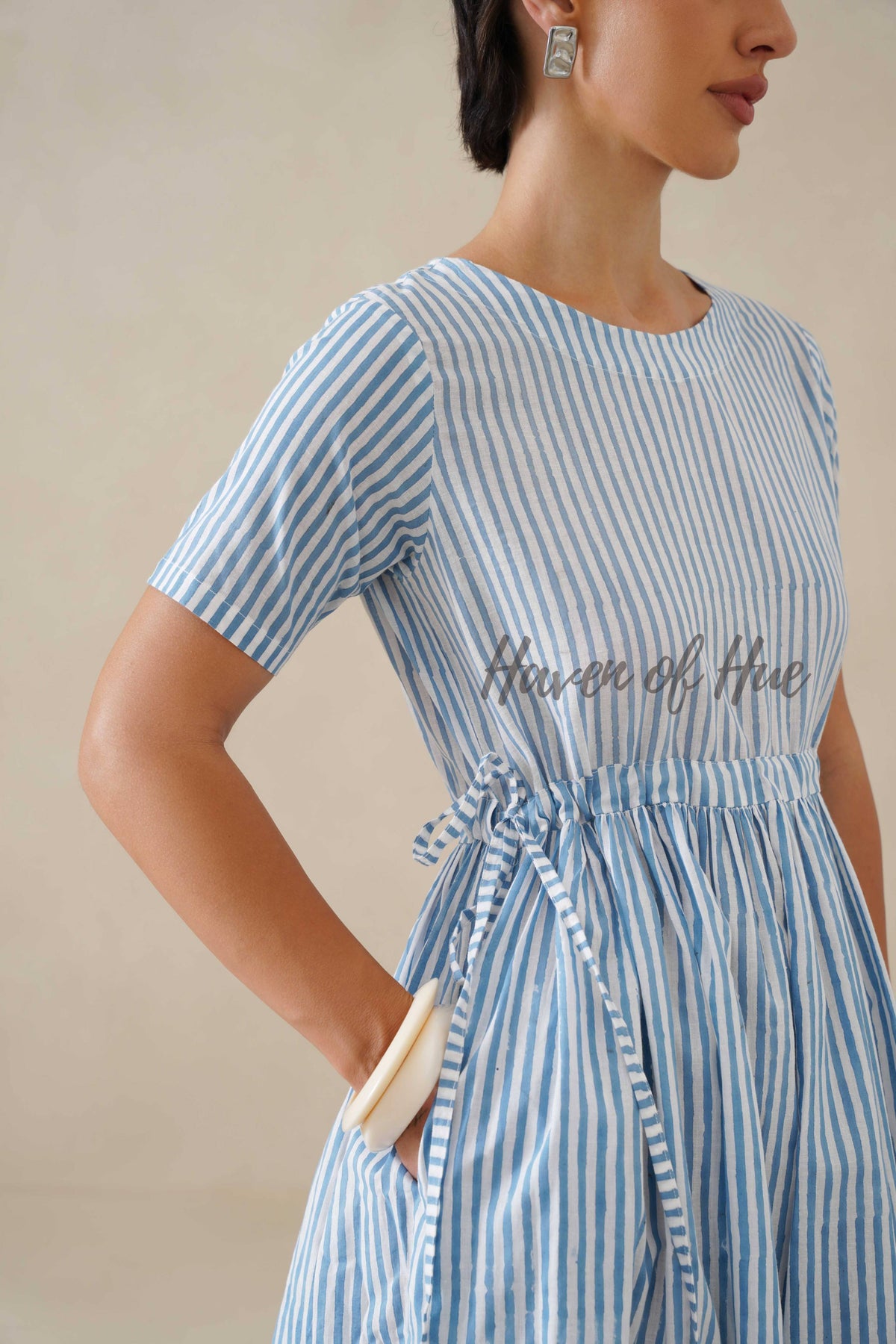 Navy Blue Floral Cotton Midi Dress - Indigo Boho Cottagecore Dress