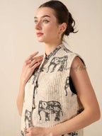 Elephant Print Quilted Cotton Vest Jacket Handmade Block Print Sleeveless Winter Jacket