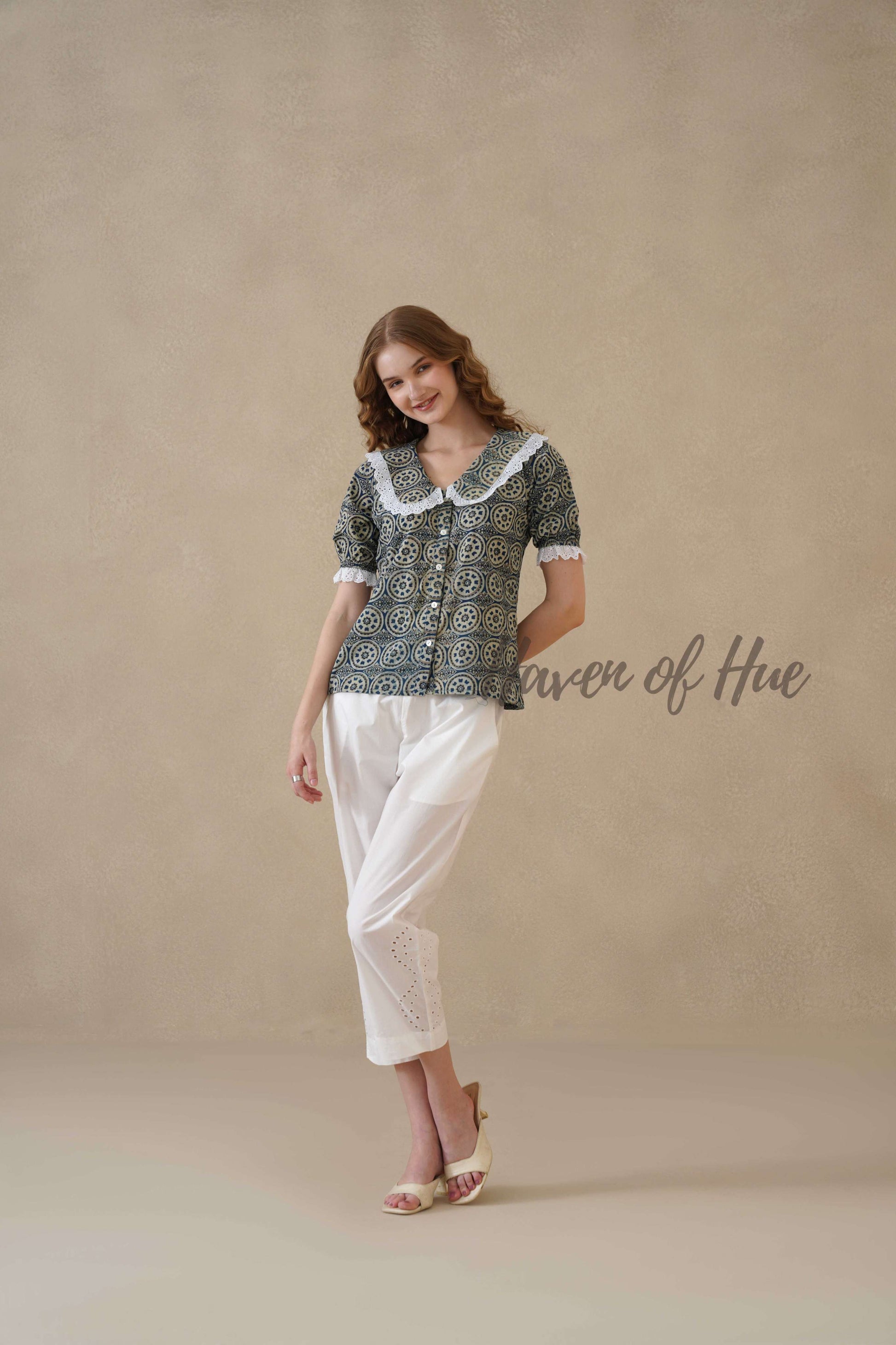 Women’s Indigo Blue Floral Cotton Summer Top with Lace Collar Detail
