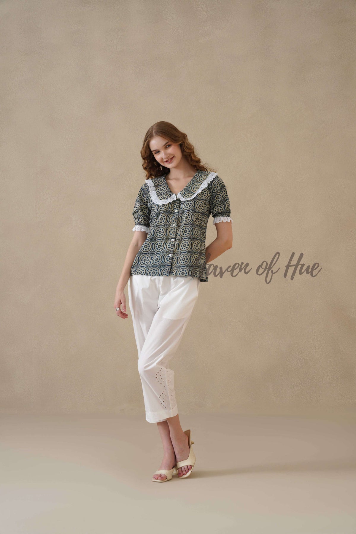 Women’s Indigo Blue Floral Cotton Summer Top with Lace Collar Detail