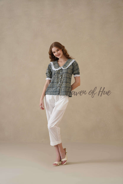 Women’s Indigo Blue Floral Cotton Summer Top with Lace Collar Detail