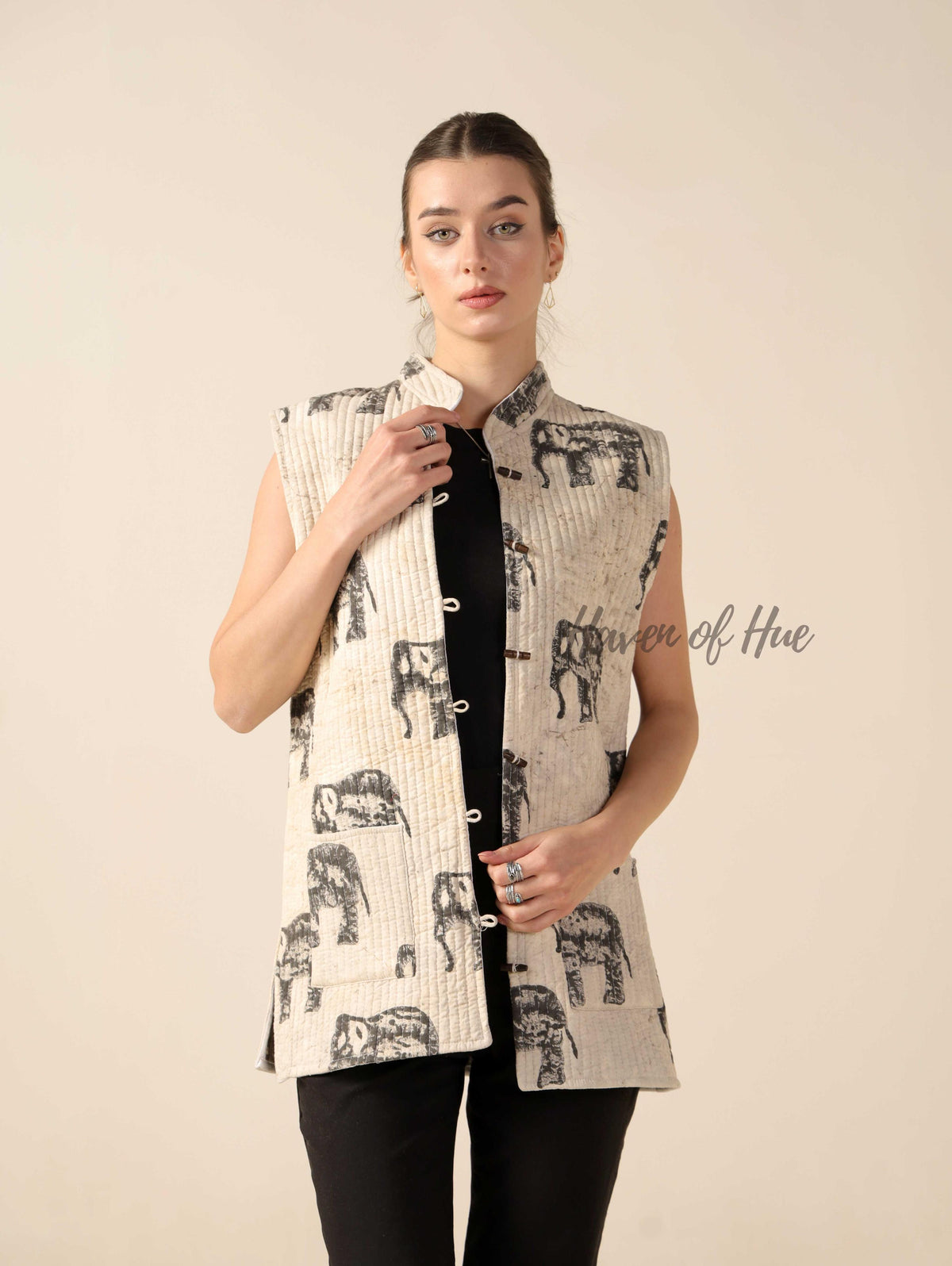 Elephant Print Quilted Cotton Vest Jacket Handmade Block Print Sleeveless Winter Jacket