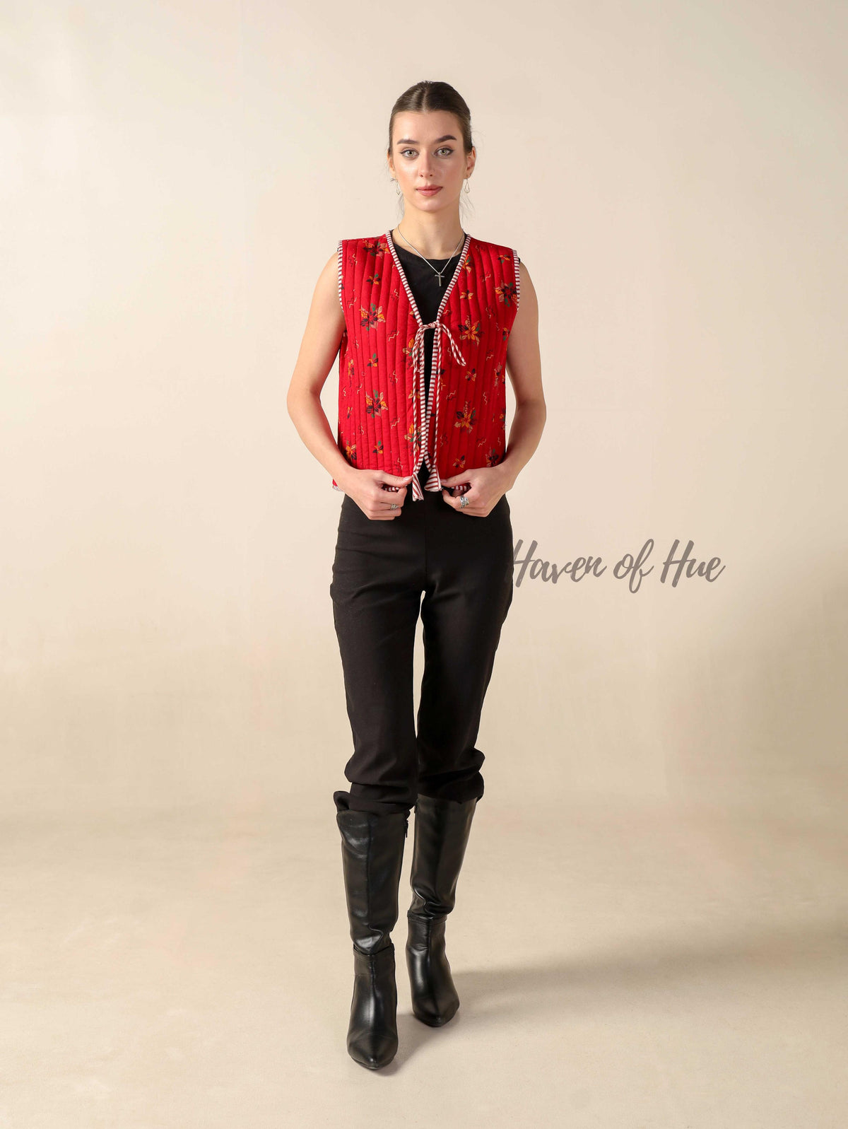 Hand Block Printed Quilted Cotton Vest Jacket Reversible Sleeveless Tie-Up Jacket