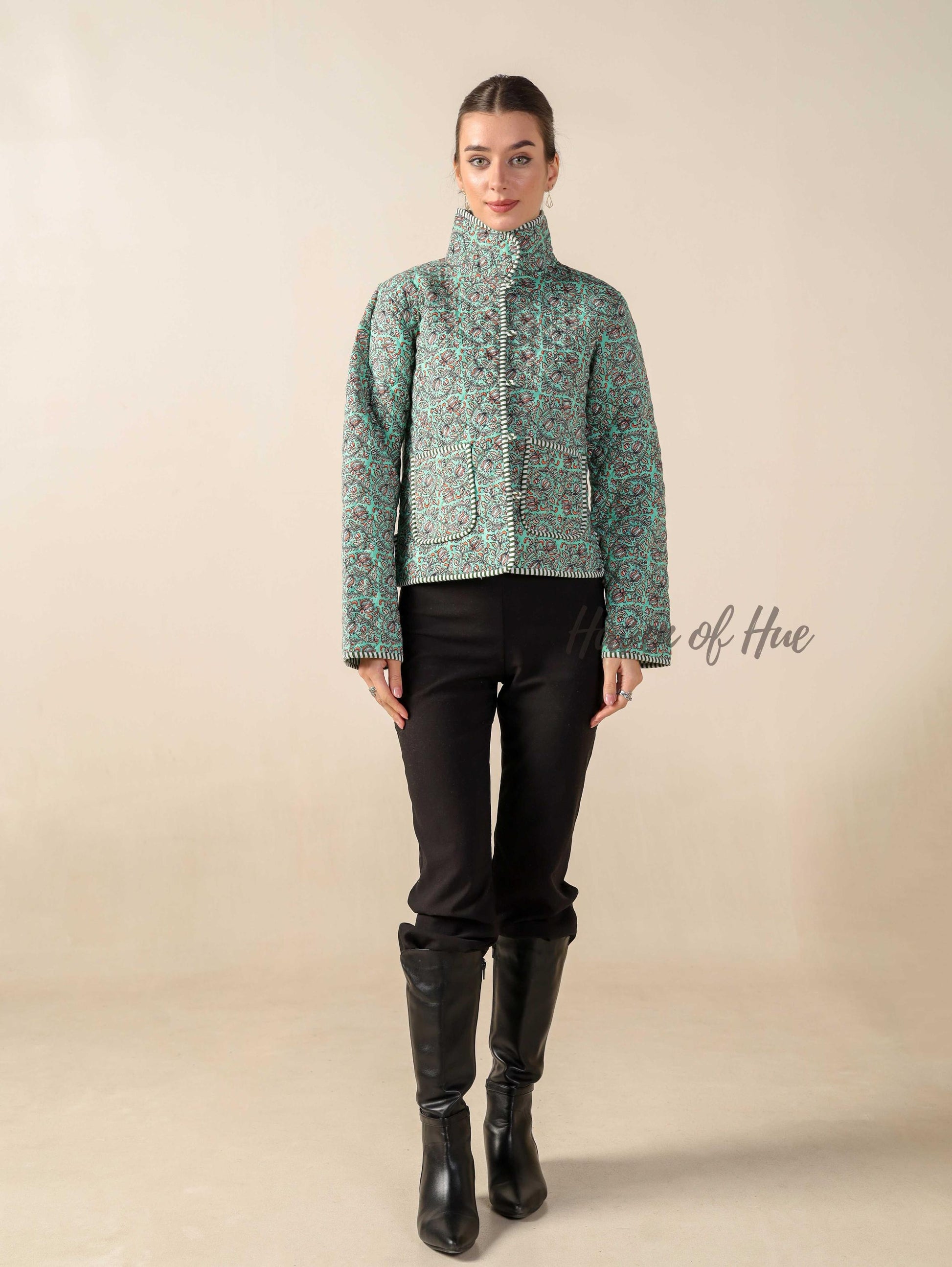 Women’s Cotton Floral Block Print Jacket Reversible Handmade Winter Short Coat With Pockets