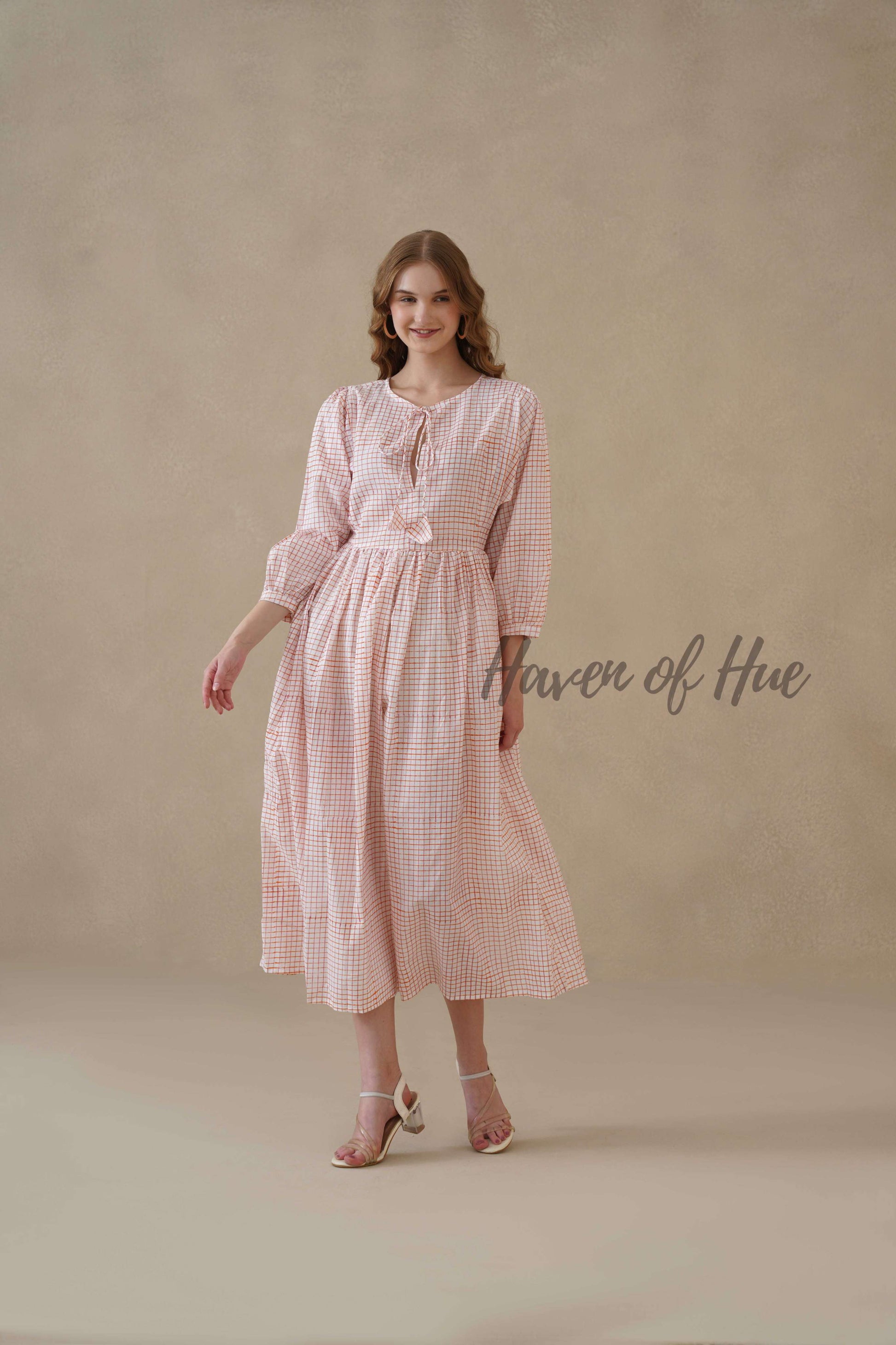Orange Cotton Tiered Dress – Boho Floral Short Sleeve Midi – Haven of Hue