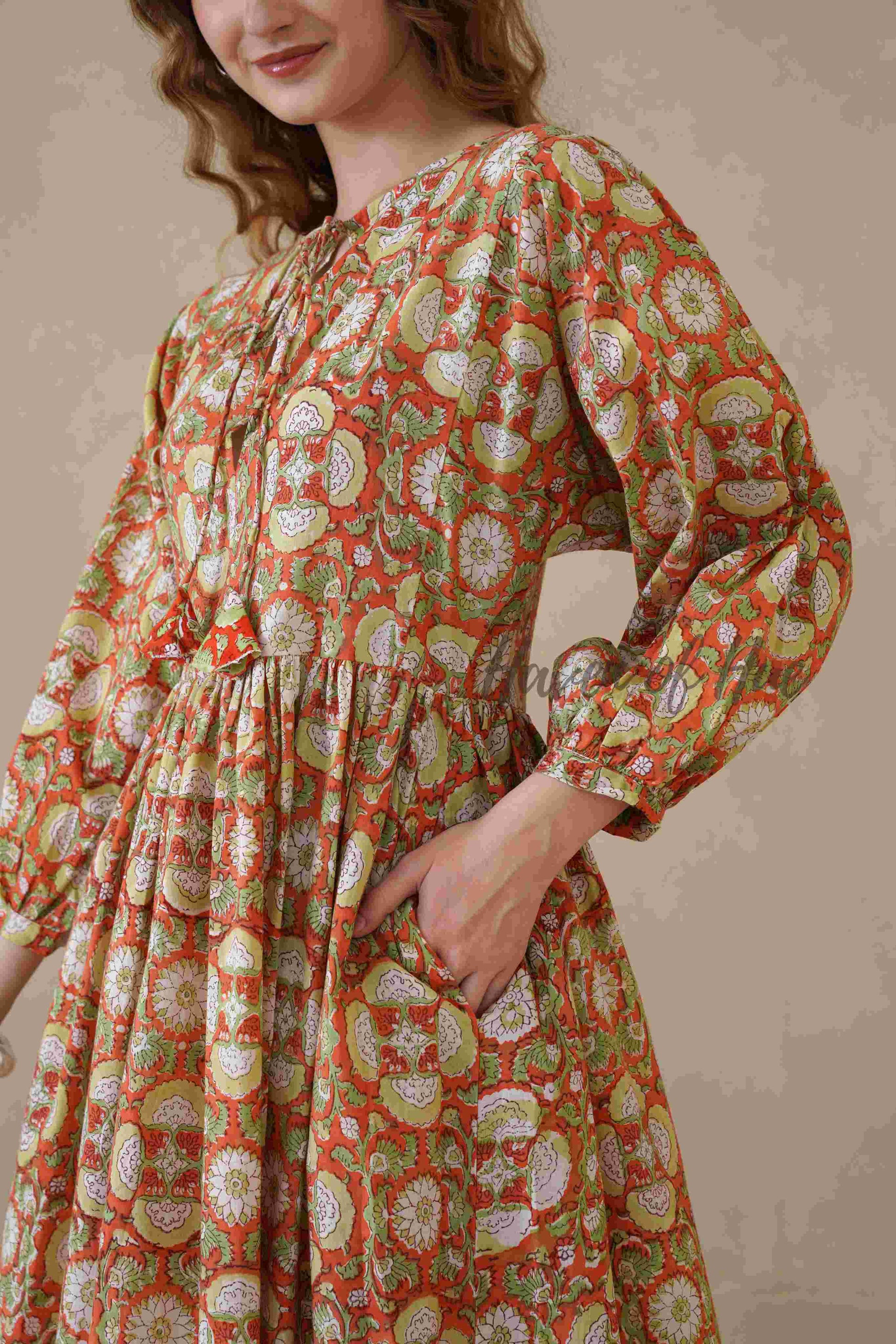 Orange Full Sleeve Cotton Dress with Floral Print