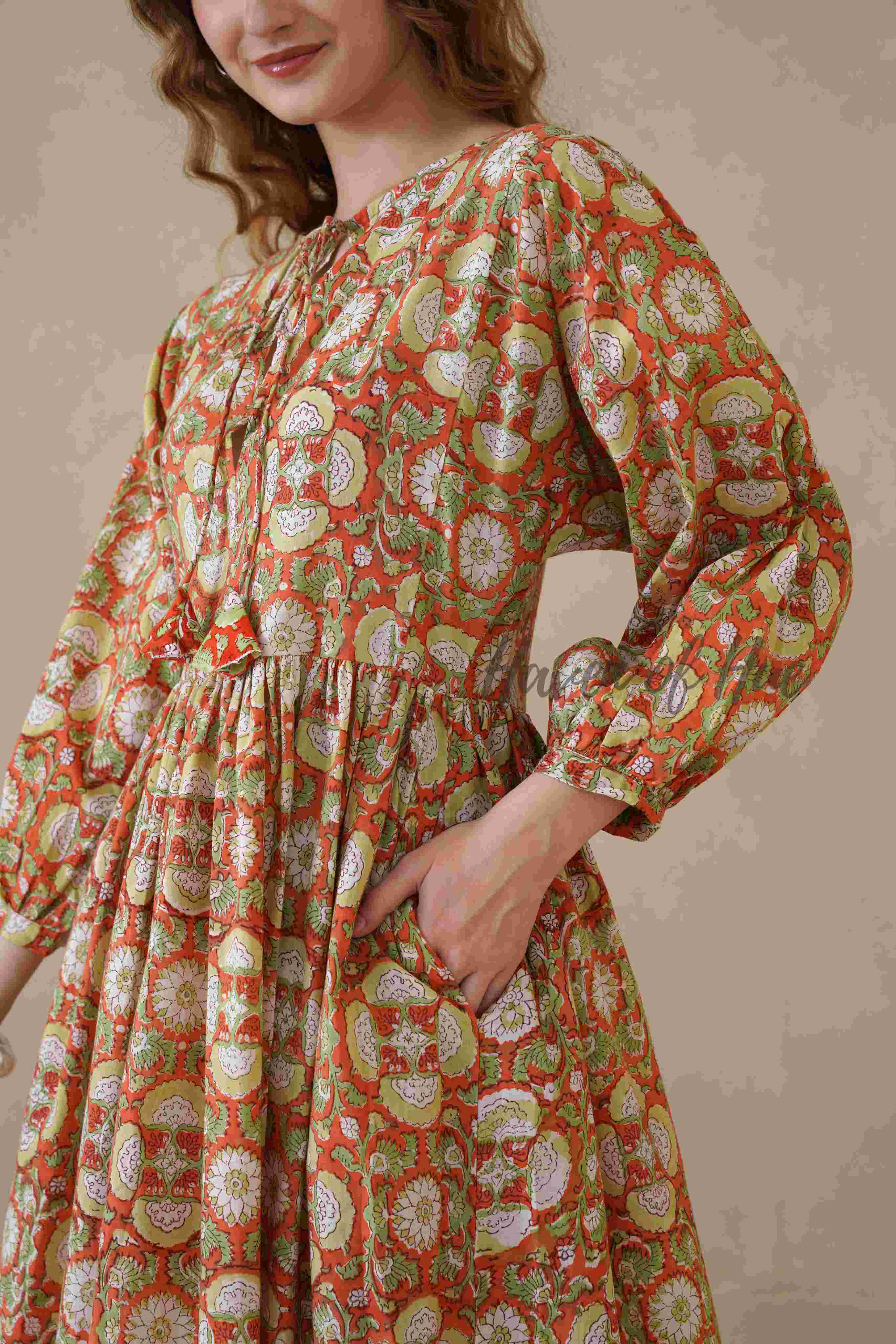 Orange Full Sleeve Cotton Dress with Floral Print