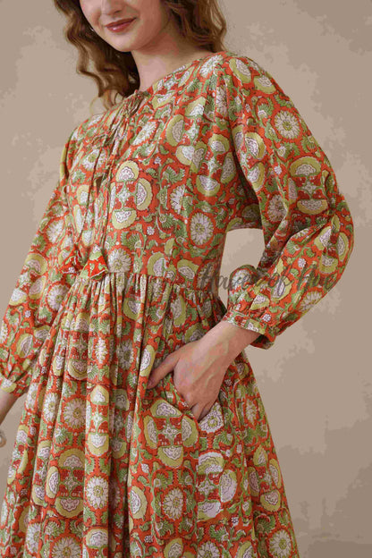 Orange Full Sleeve Cotton Dress with Floral Print