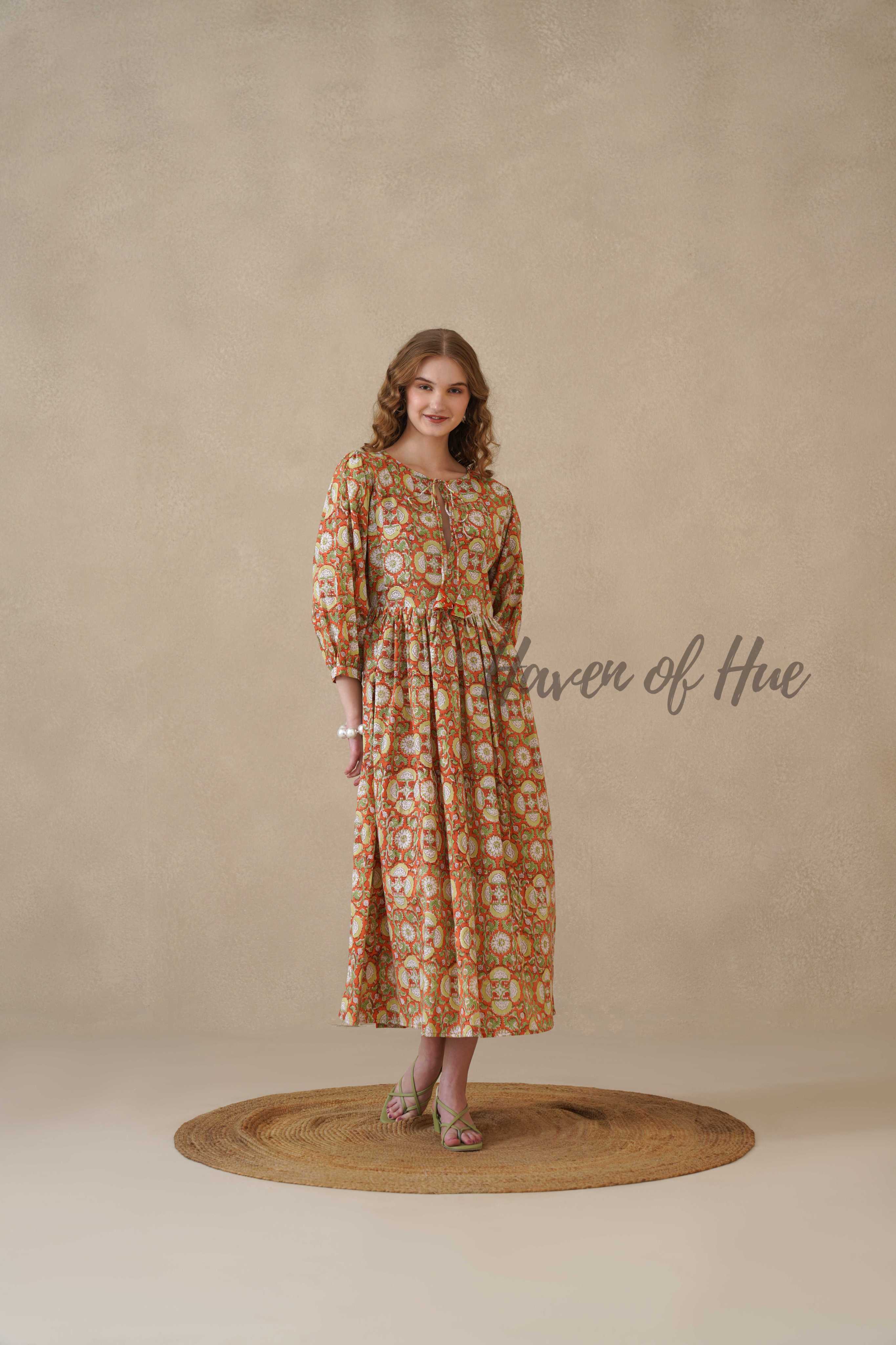 Orange Full Sleeve Cotton Dress with Floral Print