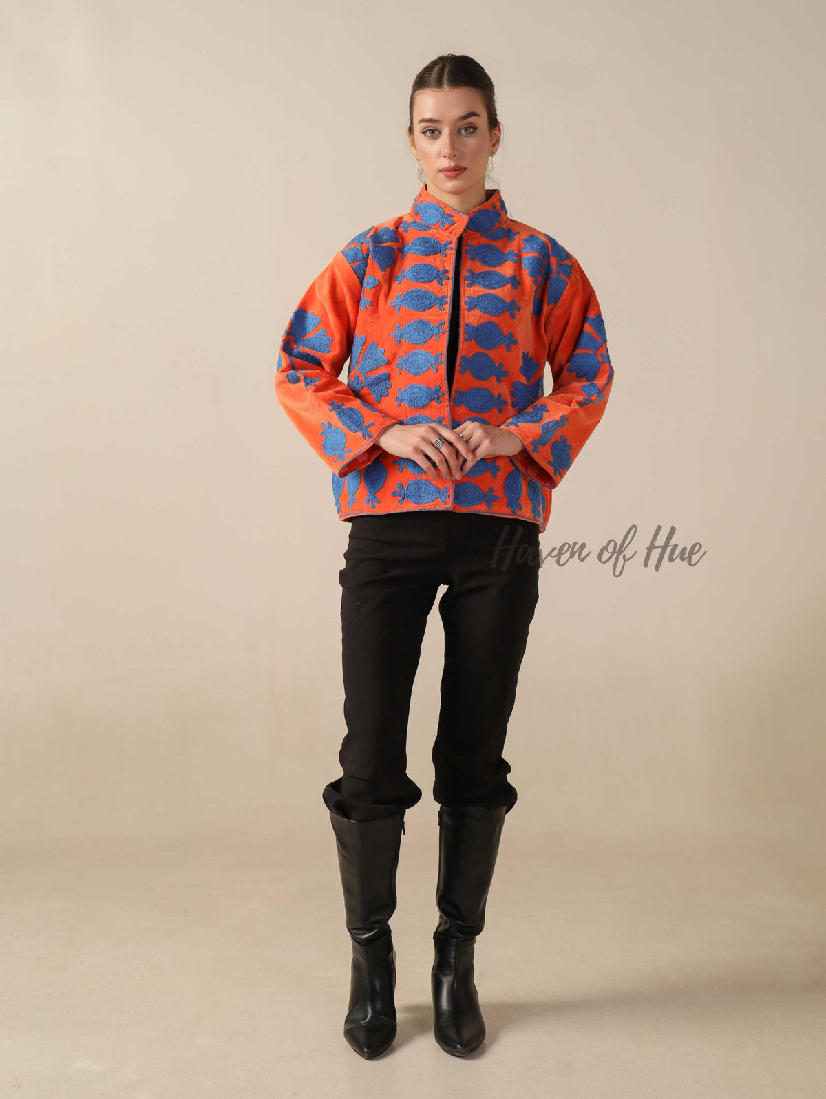 Women's Orange Suzani Velvet Jacket Blue Pomegranate Embroidered Boho Coat