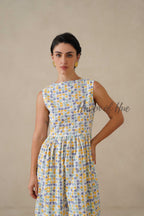 Geometric Pastel Cotton Dress | Sleeveless Boat Neck Midi Dress | Abstract Multi-Color Printed A-Line Summer Sundress