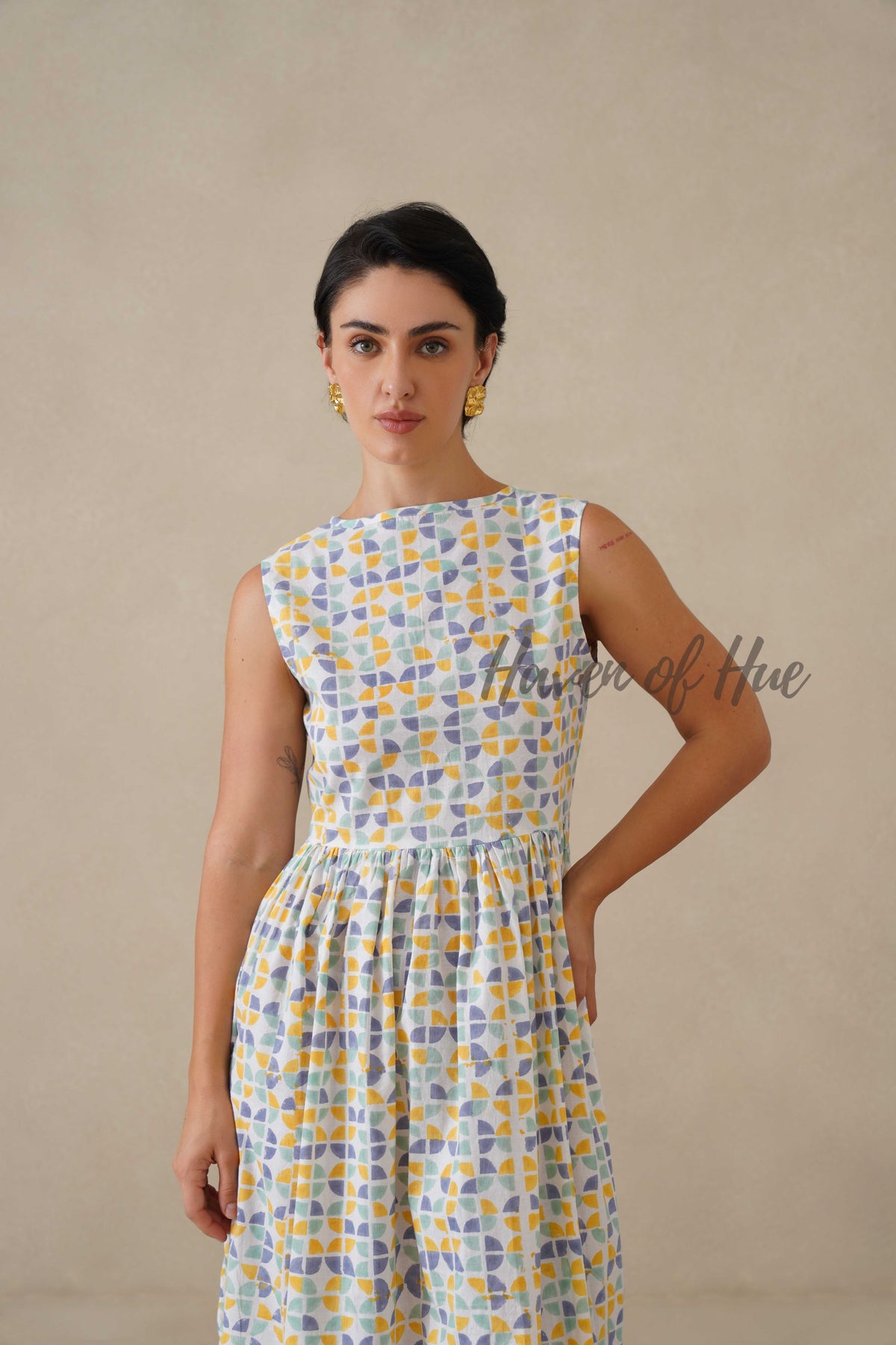 Geometric Pastel Cotton Dress | Sleeveless Boat Neck Midi Dress | Abstract Multi-Color Printed A-Line Summer Sundress