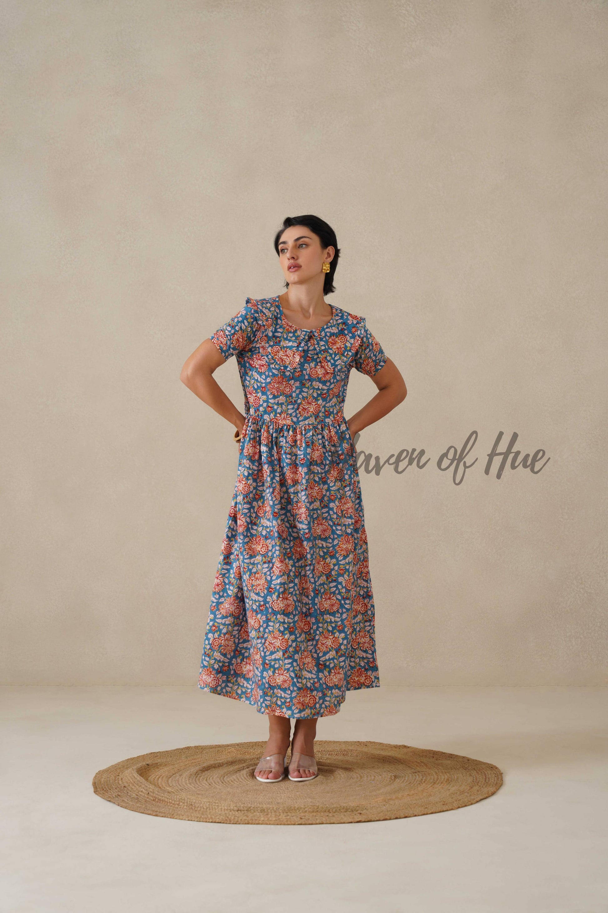 Floral Cotton Midi Dress with Short Sleeves - Vintage Boho Print Summer Day Dress for Women - Relaxed Fit Blue A-Line Dress