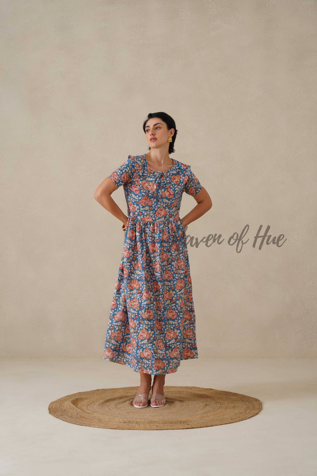 Floral Cotton Midi Dress with Short Sleeves - Vintage Boho Print Summer Day Dress for Women - Relaxed Fit Blue A-Line Dress