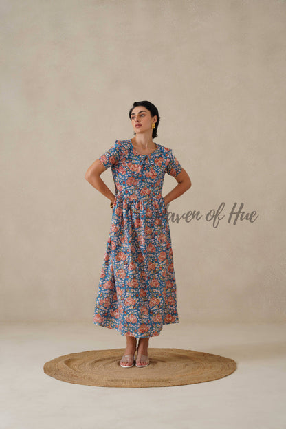 Floral Cotton Midi Dress with Short Sleeves - Vintage Boho Print Summer Day Dress for Women - Relaxed Fit Blue A-Line Dress