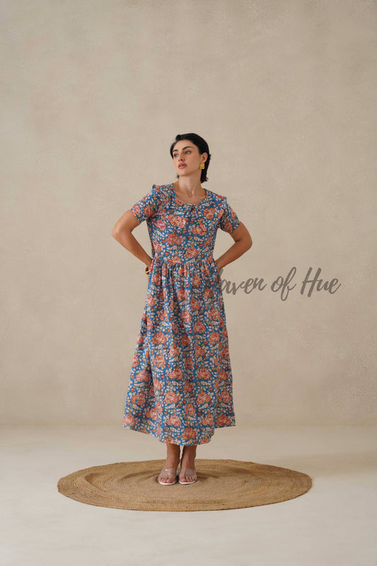 Floral Cotton Midi Dress with Short Sleeves - Vintage Boho Print Summer Day Dress for Women - Relaxed Fit Blue A-Line Dress