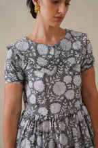 Women Cotton Tunic Top - Hand Block Print Peter Pan Collar Blouse - Grey Floral Boho Top - Artisan Crafted Relaxed Fit Summer Top
