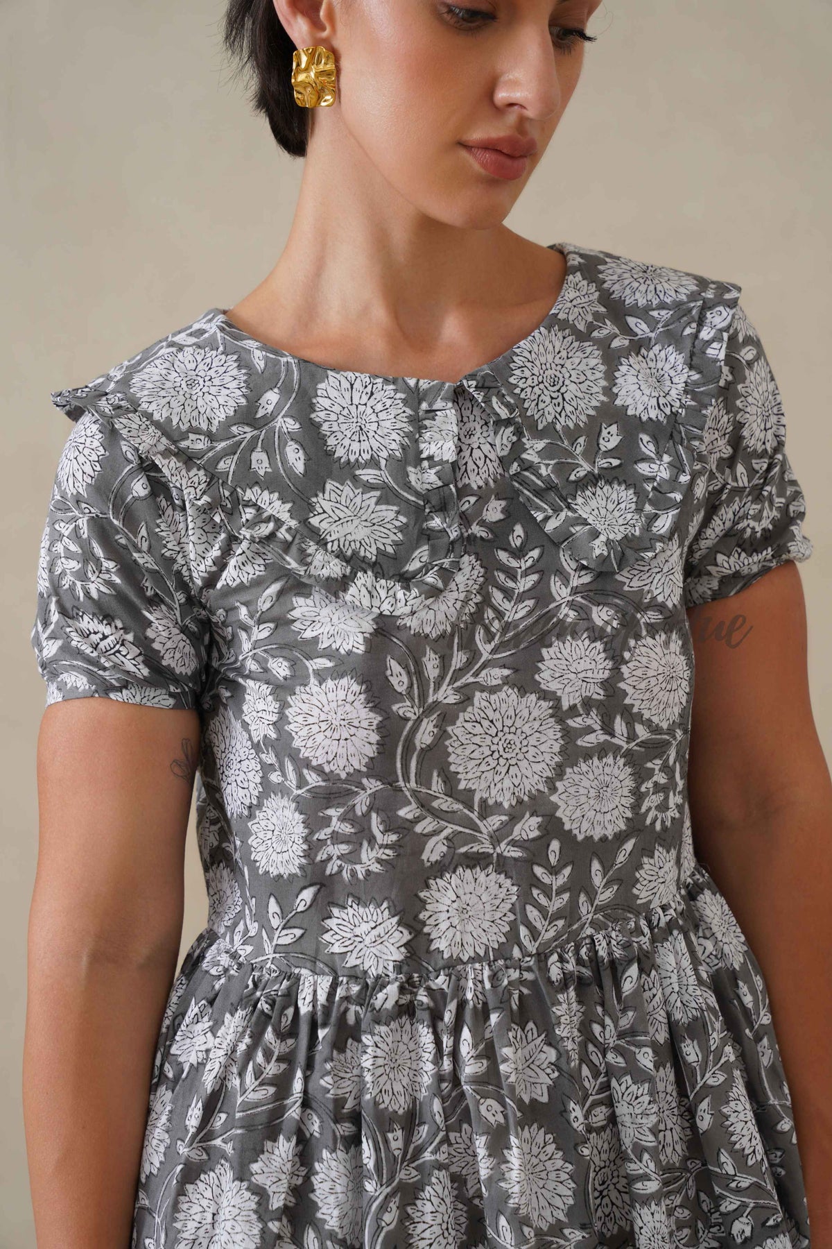 Women Cotton Tunic Top - Hand Block Print Peter Pan Collar Blouse - Grey Floral Boho Top - Artisan Crafted Relaxed Fit Summer Top