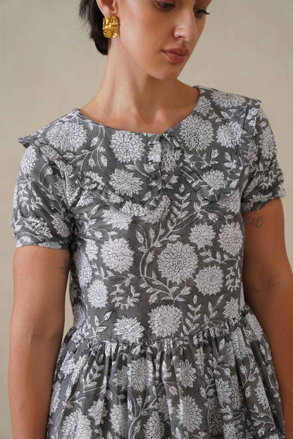 Women Cotton Tunic Top - Hand Block Print Peter Pan Collar Blouse - Grey Floral Boho Top - Artisan Crafted Relaxed Fit Summer Top