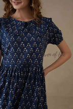 Peter Pan Collar Cotton Midi Dress, Hand Block Print Summer Dress with Pockets