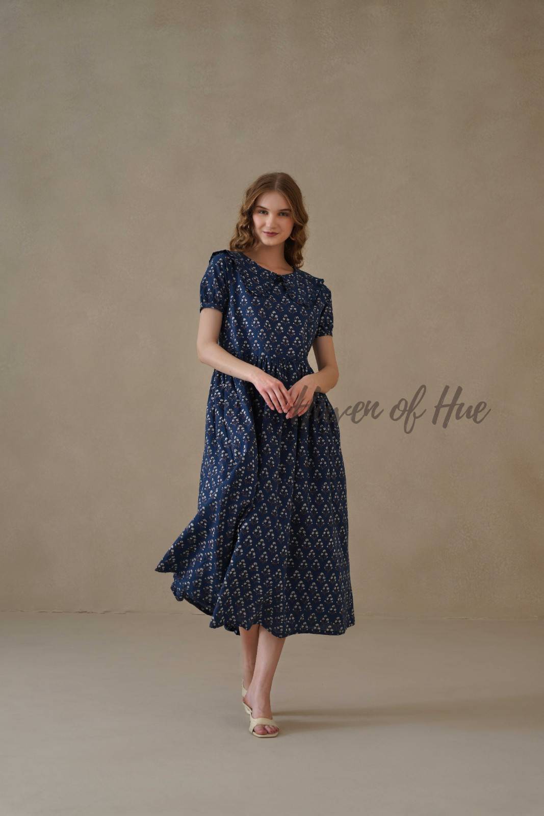 Peter Pan Collar Cotton Midi Dress, Hand Block Print Summer Dress with Pockets
