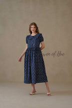 Peter Pan Collar Cotton Midi Dress, Hand Block Print Summer Dress with Pockets