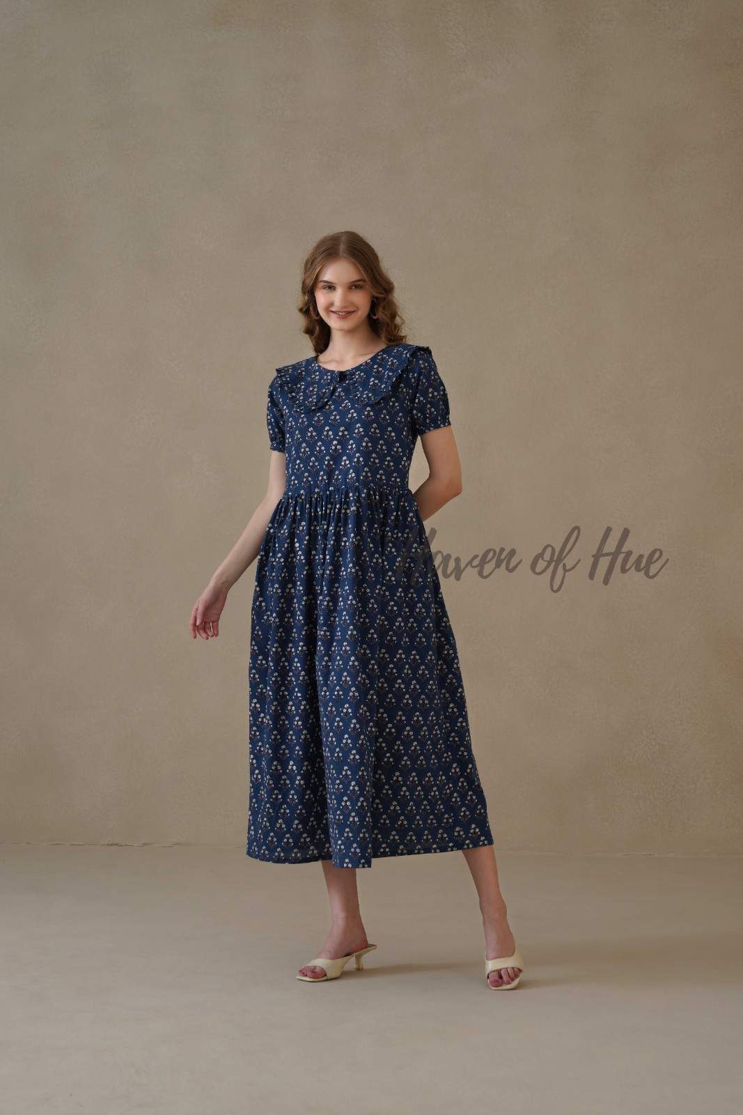 Peter Pan Collar Cotton Midi Dress, Hand Block Print Summer Dress with Pockets