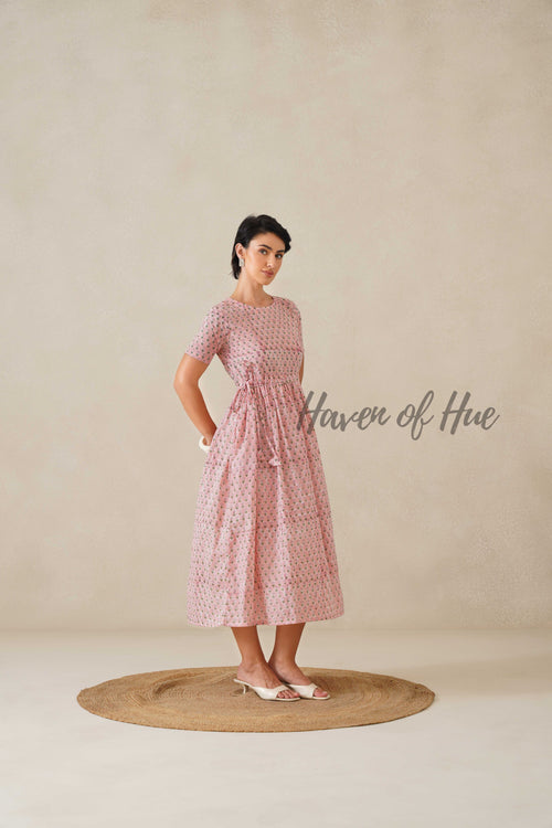 Blush Pink Floral Cotton Midi Dress - Boho Cottagecore Summer Dress
