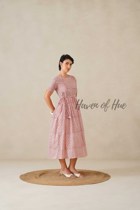 Blush Pink Floral Cotton Midi Dress - Boho Cottagecore Summer Dress