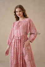 Pink Floral Cotton Midi Dress with Long Sleeves