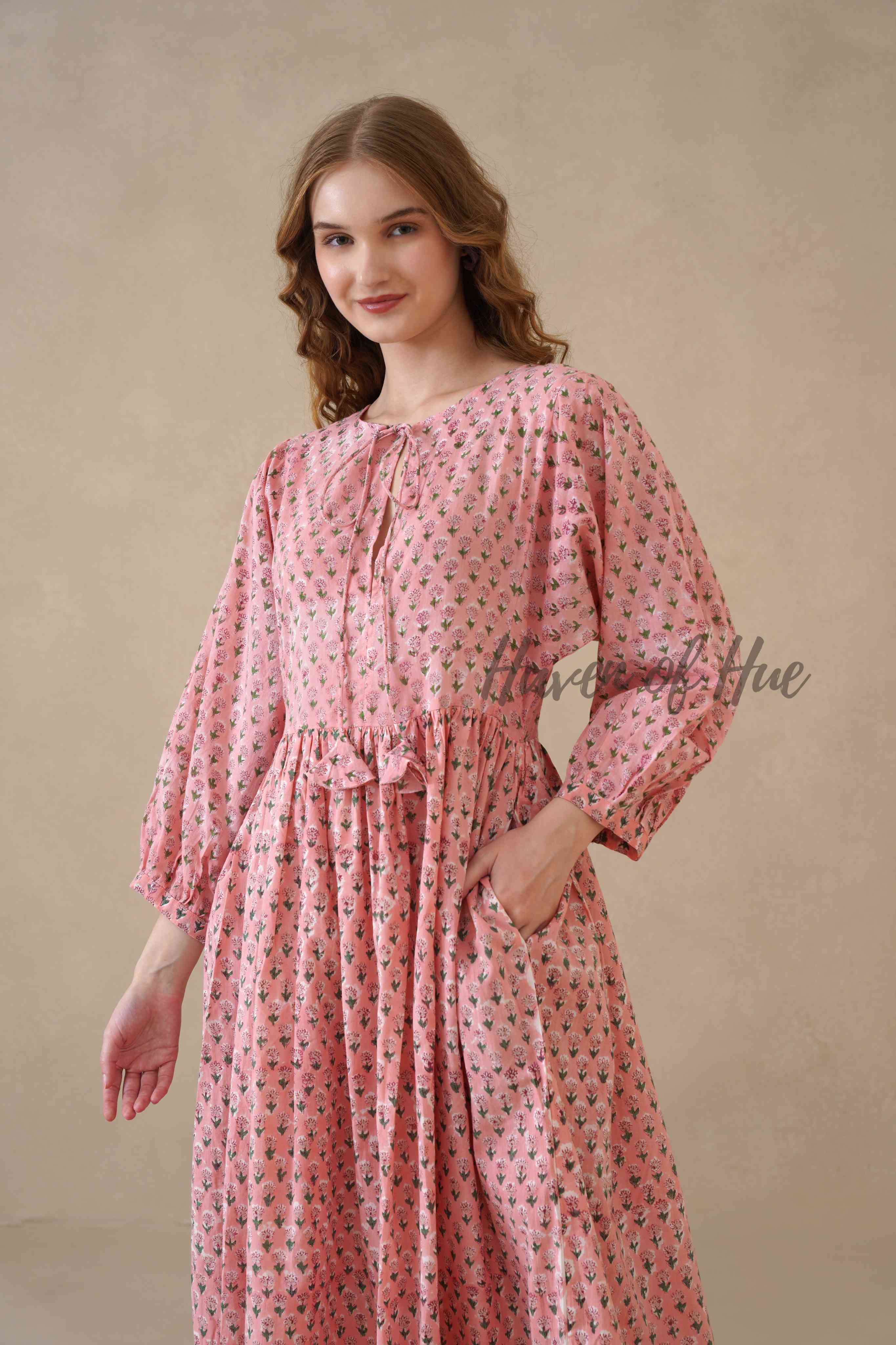 Pink Floral Cotton Midi Dress with Long Sleeves