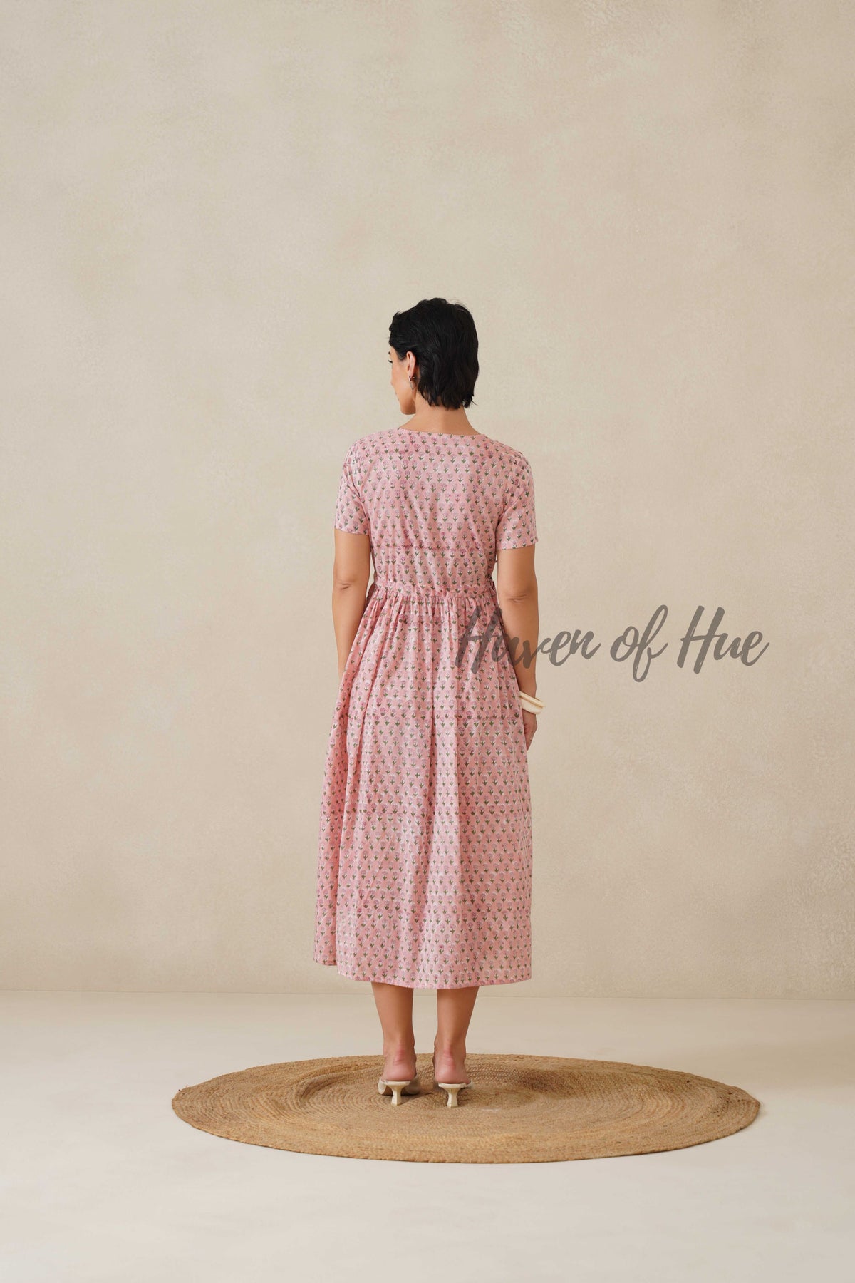 Blush Pink Floral Cotton Midi Dress - Boho Cottagecore Summer Dress